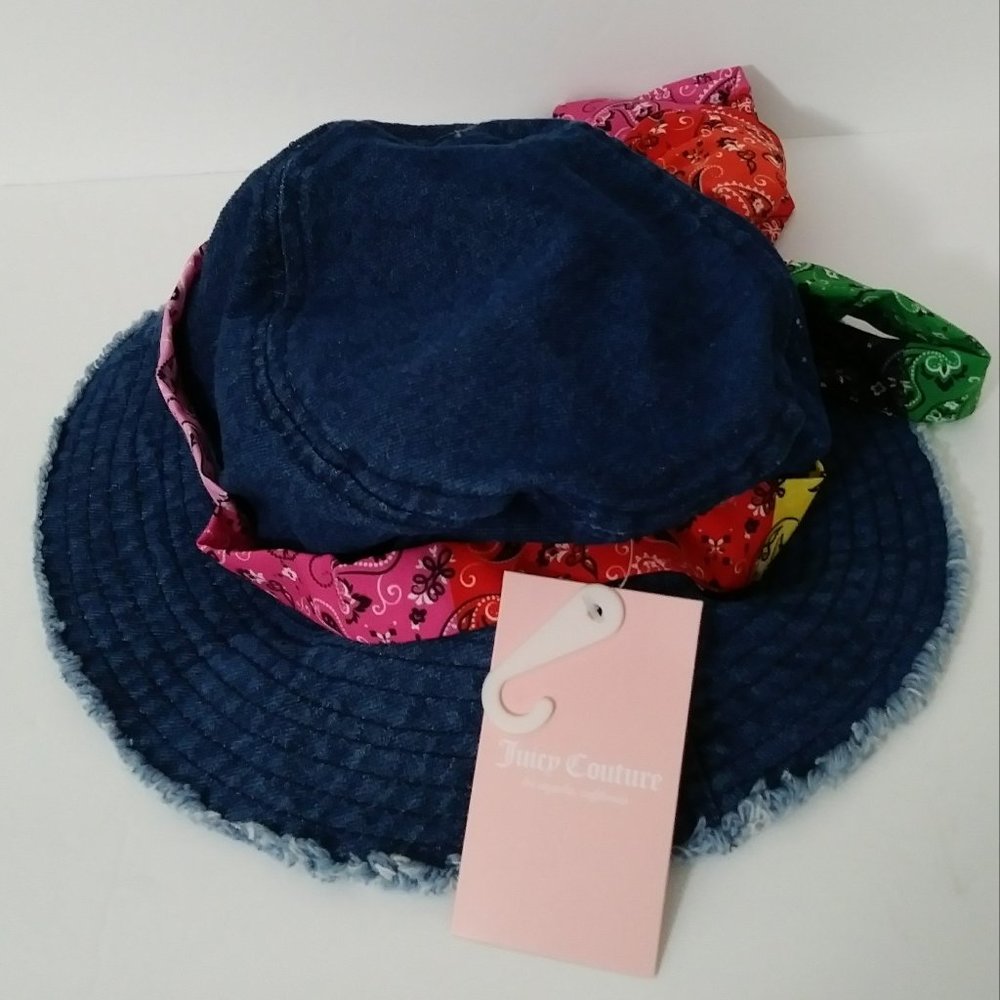 Unisex Denim Bucket Hat Distressed Tassels Brim by Juicy Couture